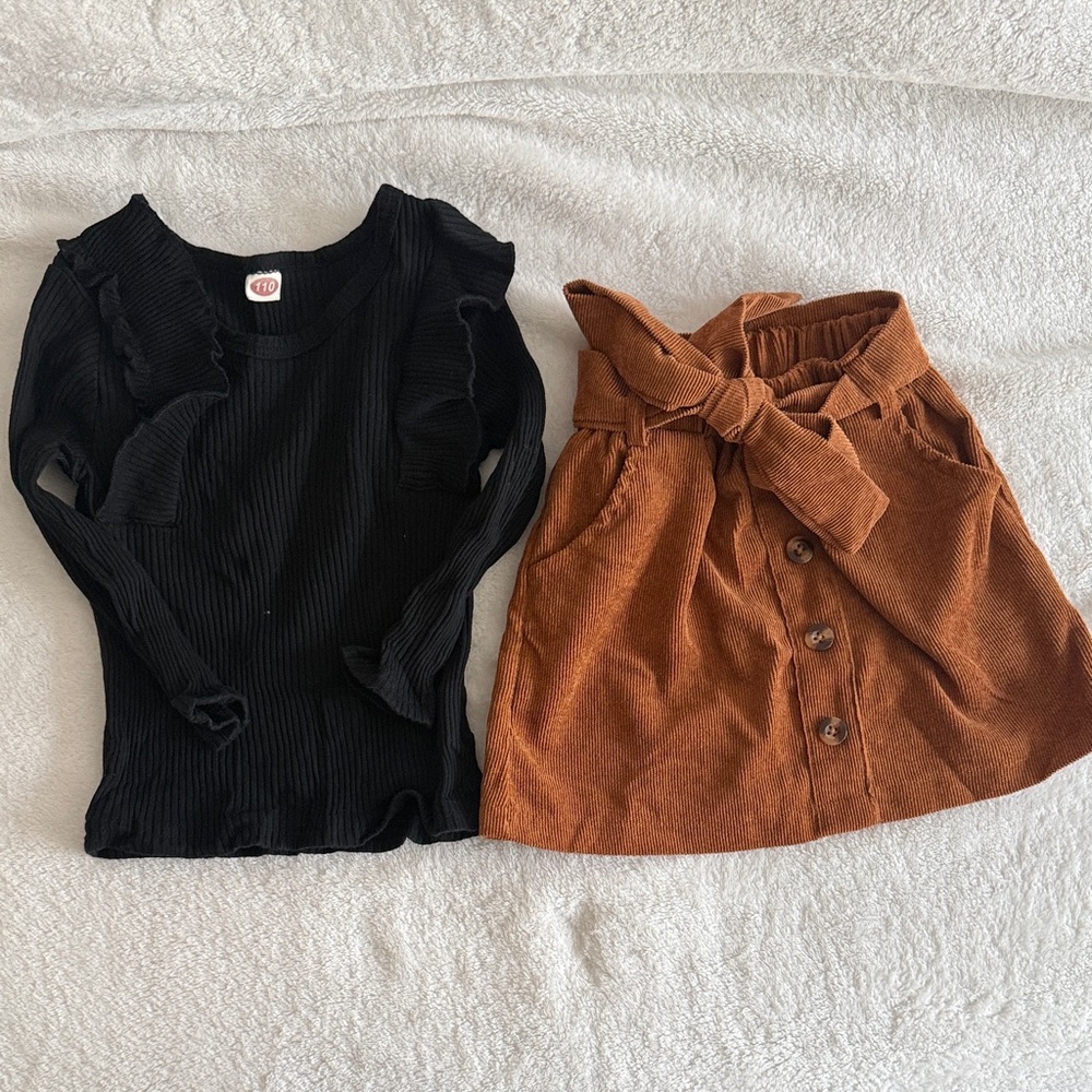 Amazon Kids Matching Set Black Ribbed Top and Brown Corduroy Skirt